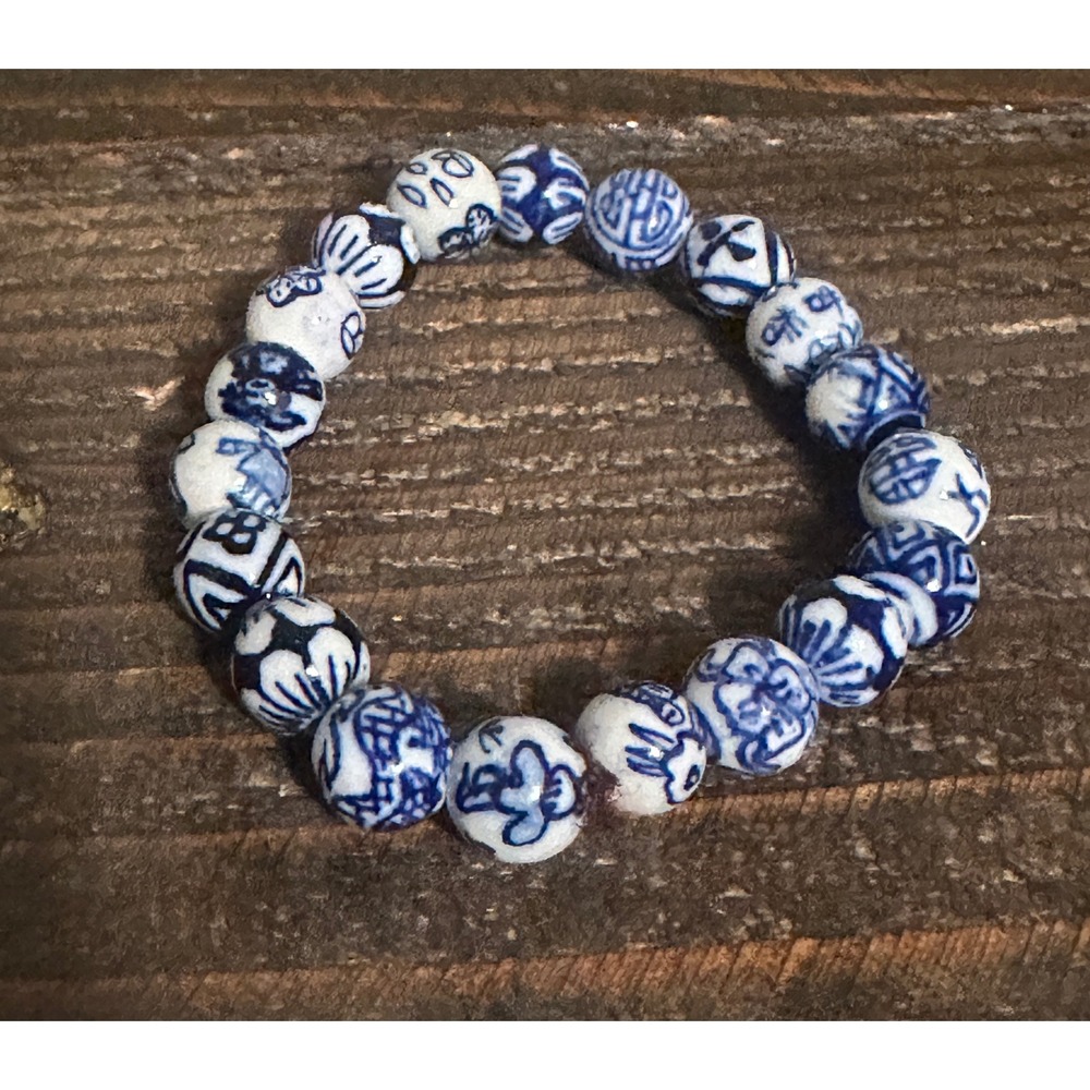 Vtg Blue White Porcelain Bead Stretch Bracelet Chinoiserie Ceramic Floral 10mm
